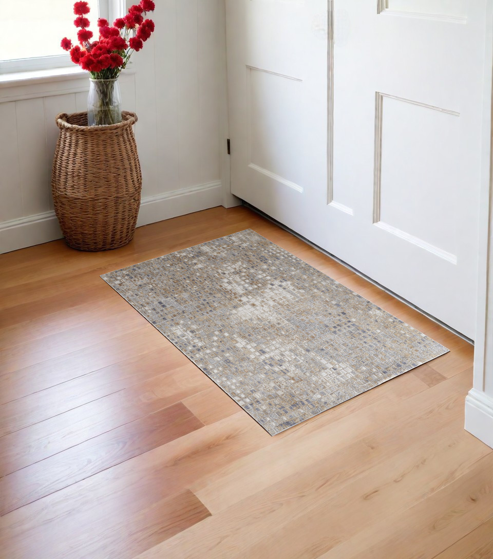 567308 3 x 5 ft. Geometric Power Loom Worn Faded Rectangle Area Rug, Tan, Ivory & Blue