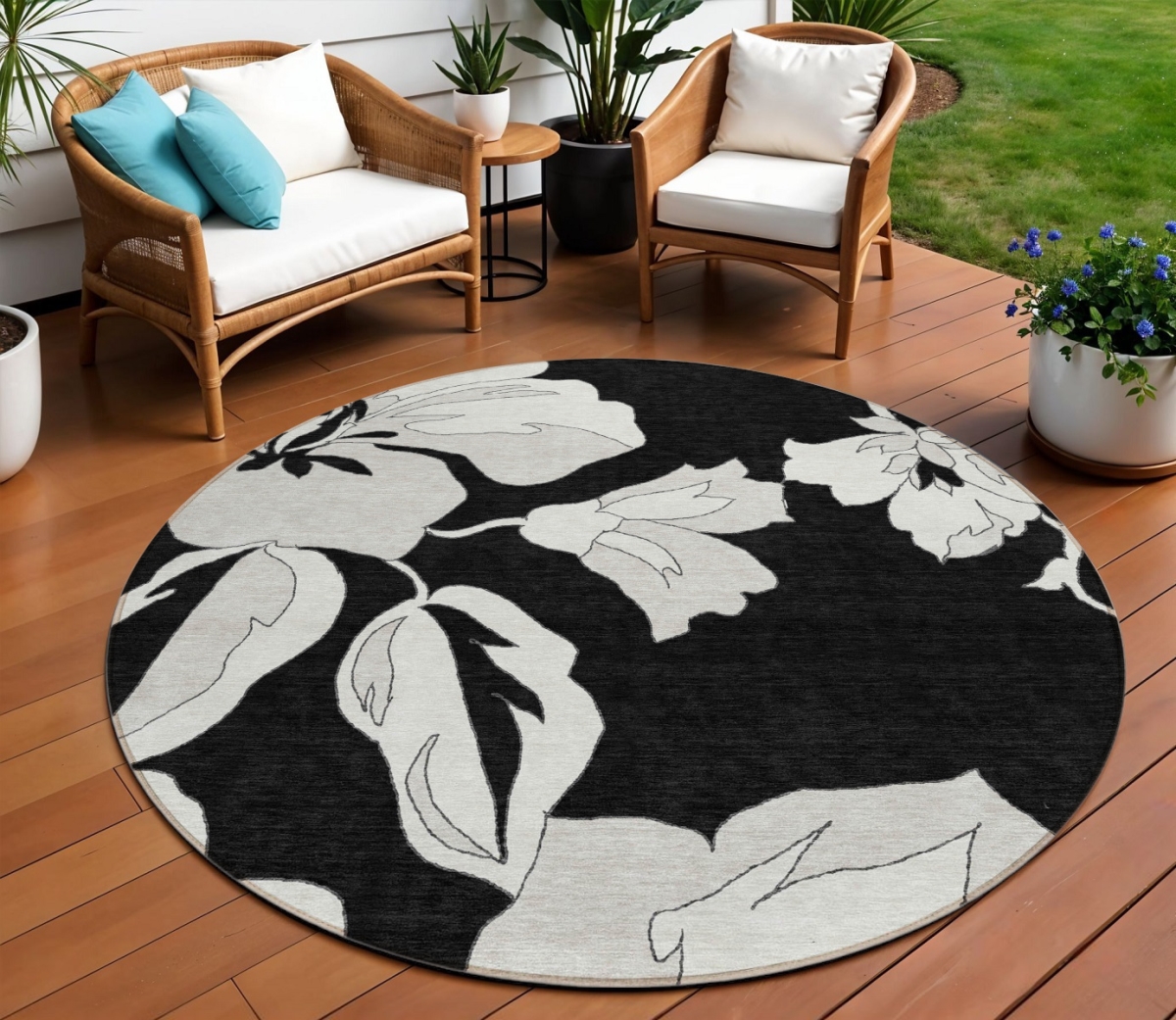 Round Floral Area Rug - Black Gray & Silver - 8 ft - Washable & Stain Resistant