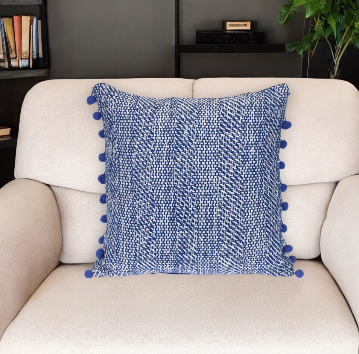 Cotton Throw Pillow - Blue & White - 18 in. - Decorative with Pom Poms