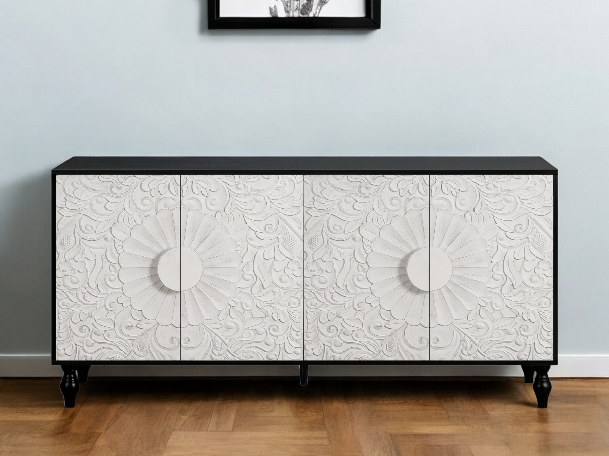 568415 68 in. Black & White Distressed Carved Floral Sideboard with Four Doors