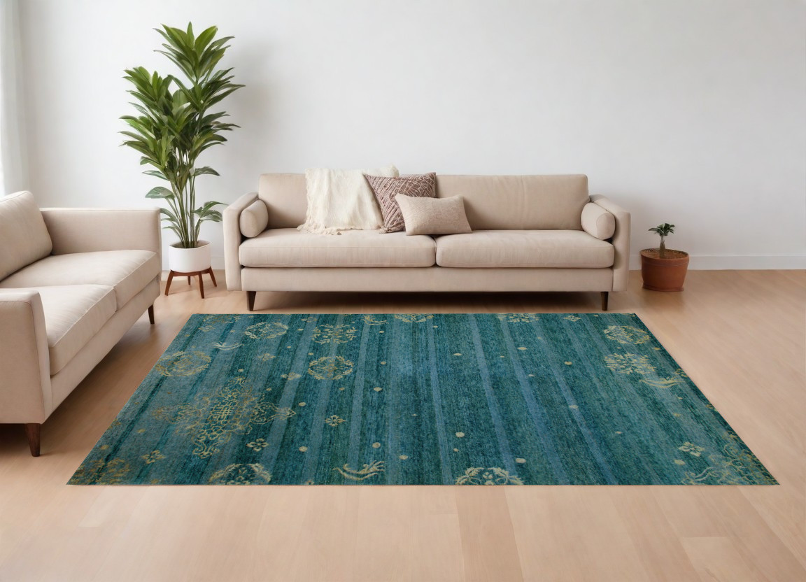 565537 6 x 9 ft. Striped Hand Knotted Rectangle Area Rug, Tan, Blue & Green