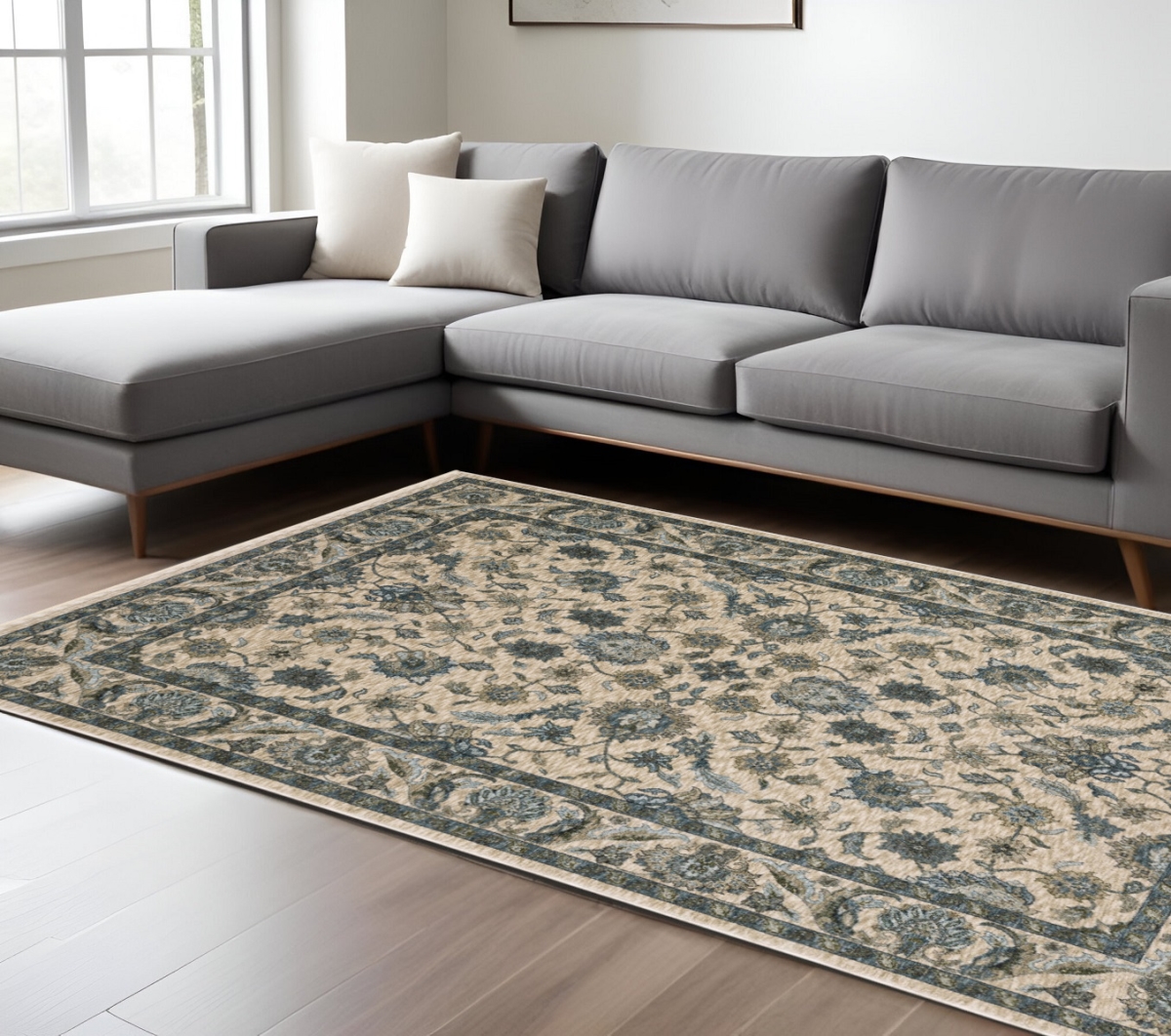 574738 10 x 13 ft. Oriental Rectangle Area Rug with Fringe, Beige & Blue