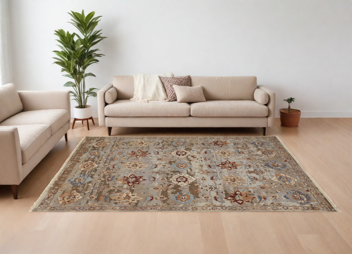 567357 8 x 12 ft. Wool Floral Hand Knotted Rectangle Area Rug with Fringe, Tan, Brown & Gray