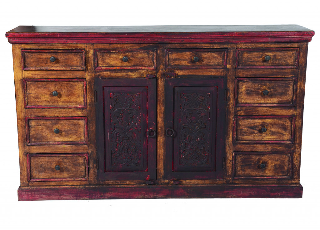 488470 72 in. Brown Solid Wood Ten Drawer Buffet Table with Two Doors