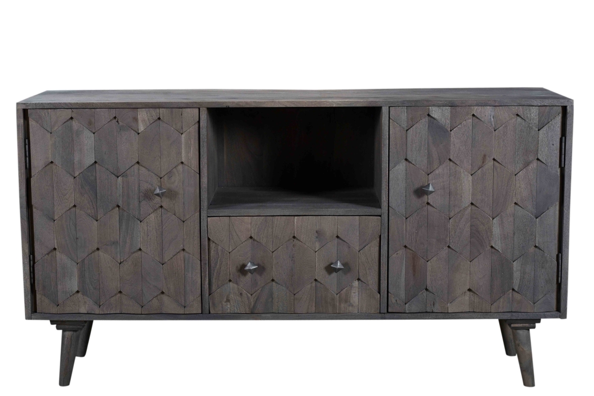 Picture of HomeRoots 489509 55 in. Dark Gray Carved Geometric Distressed Solid Wood Enclosed & Open Storage TV Stand