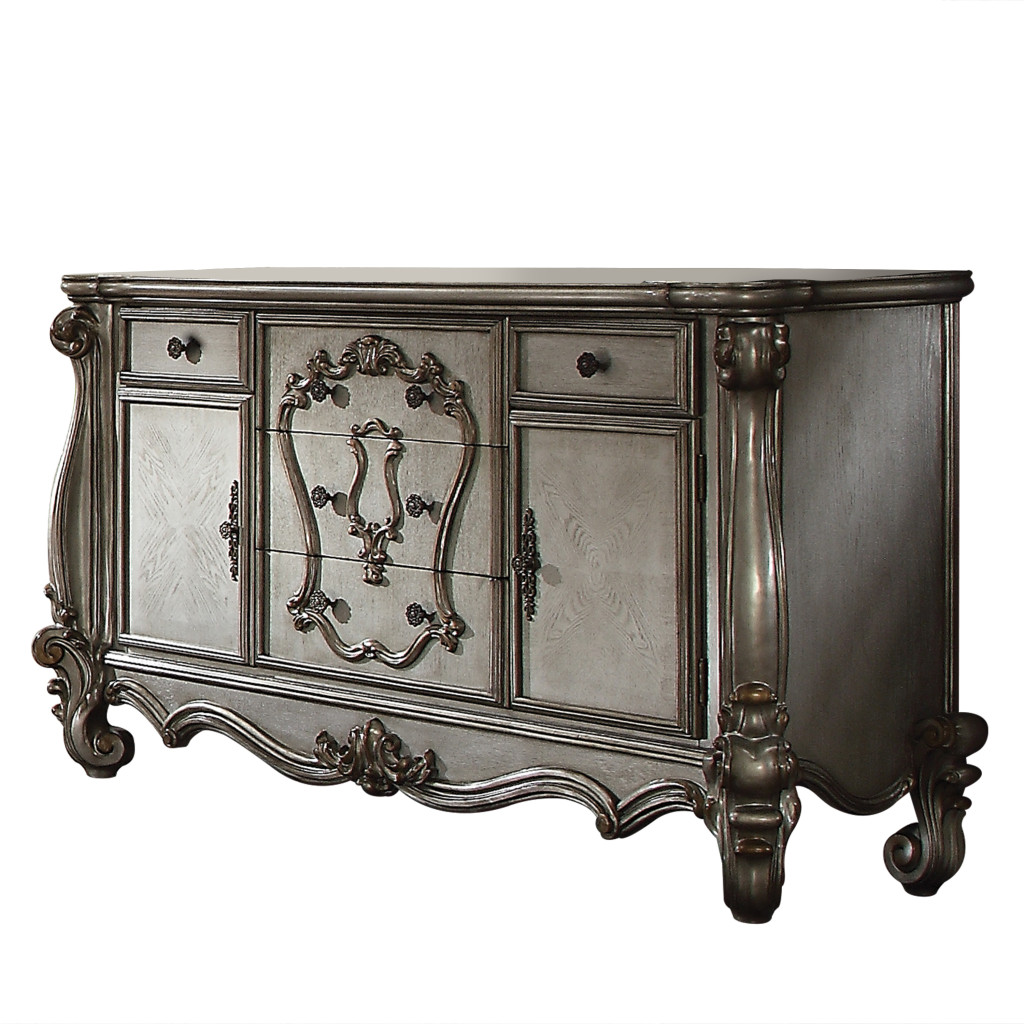 490476 70 in. Platinum Carved Scrollwork Wood & Polyresin Five Drawer Triple Dresser