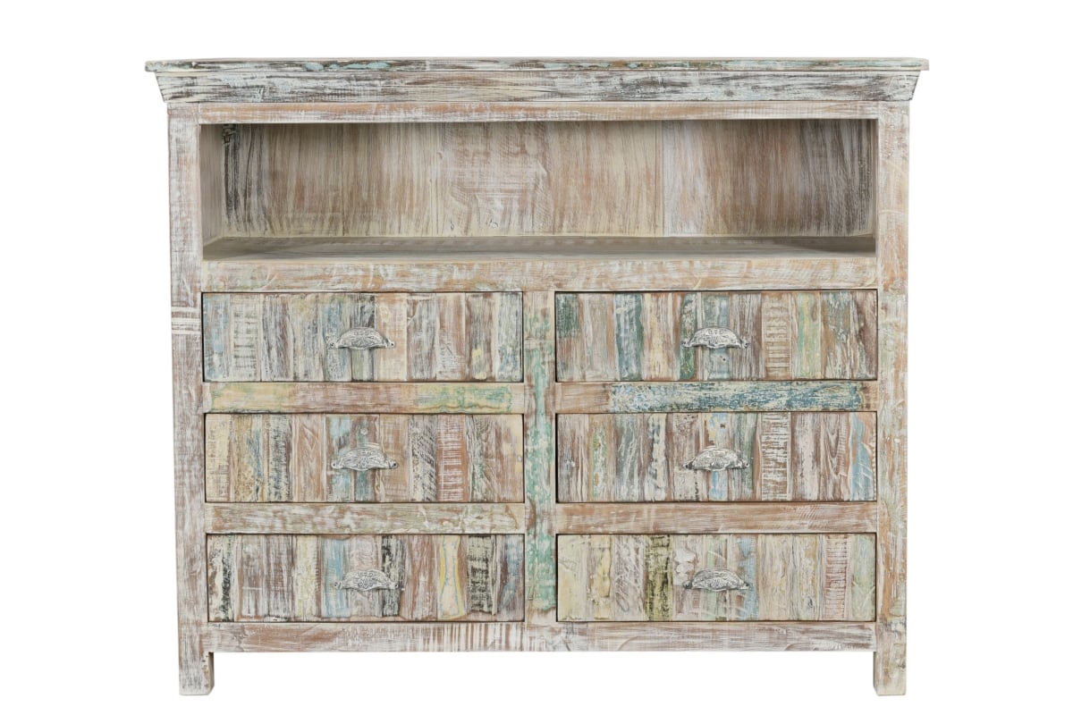 522829 50 in. White Distressed Reclaimed Wood Open & Enclosed Storage Entertainment Center