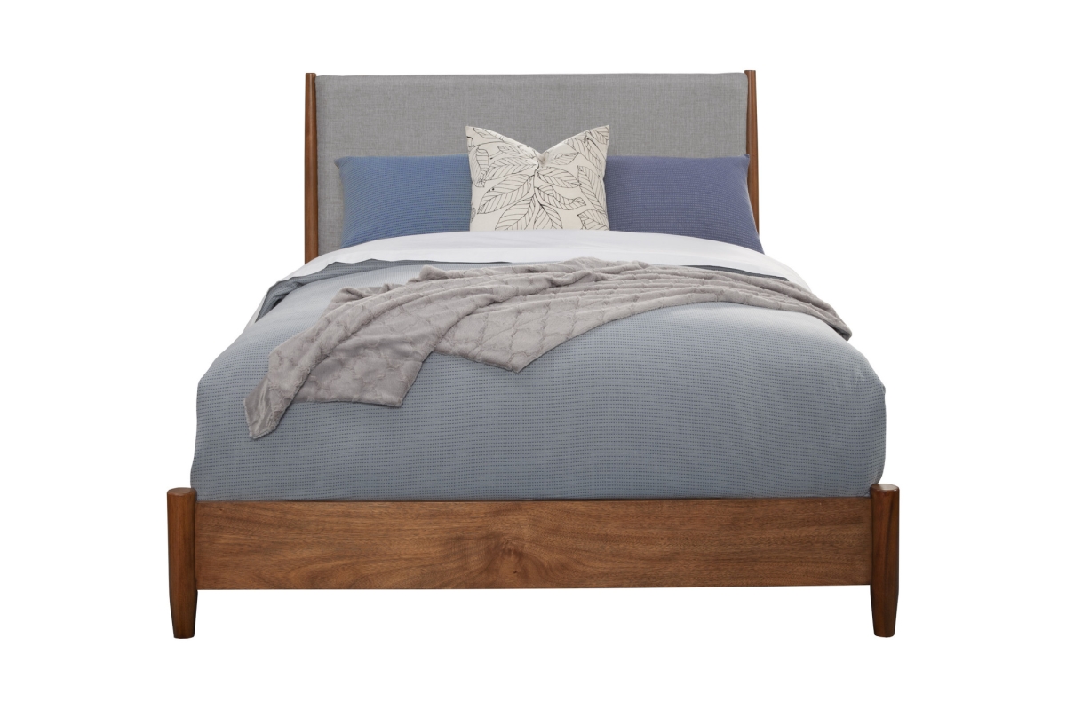 524794 Brown & Gray Solid Wood & Linen Queen Size Bed Frame