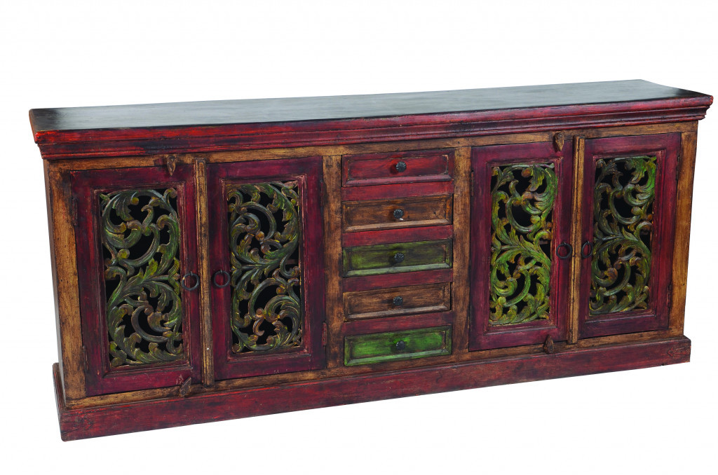 488607 84 in. Brown Gray & Green Solid Wood Five Drawer Buffet Table with Four Doors