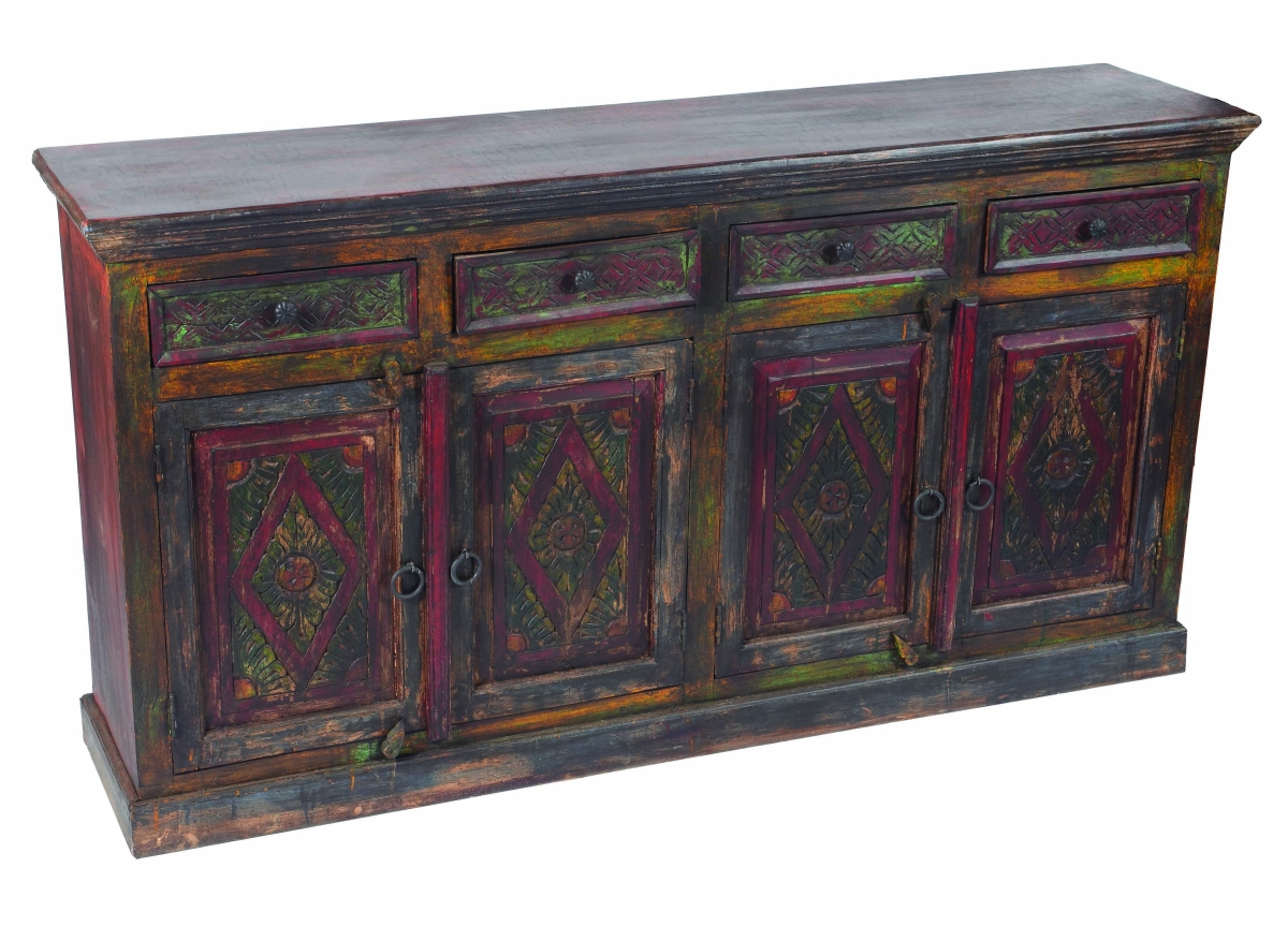 488611 72 in. Dark Brown & Green Solid Wood Four Drawer Sideboard with Four Doors