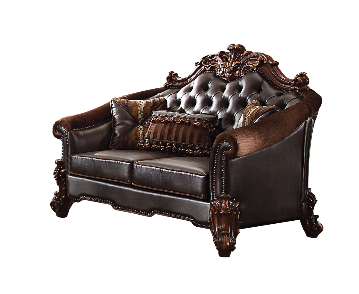515705 66 in. Brown & Dark Brown Chenille & Faux Leather Loveseat & Toss Pillows
