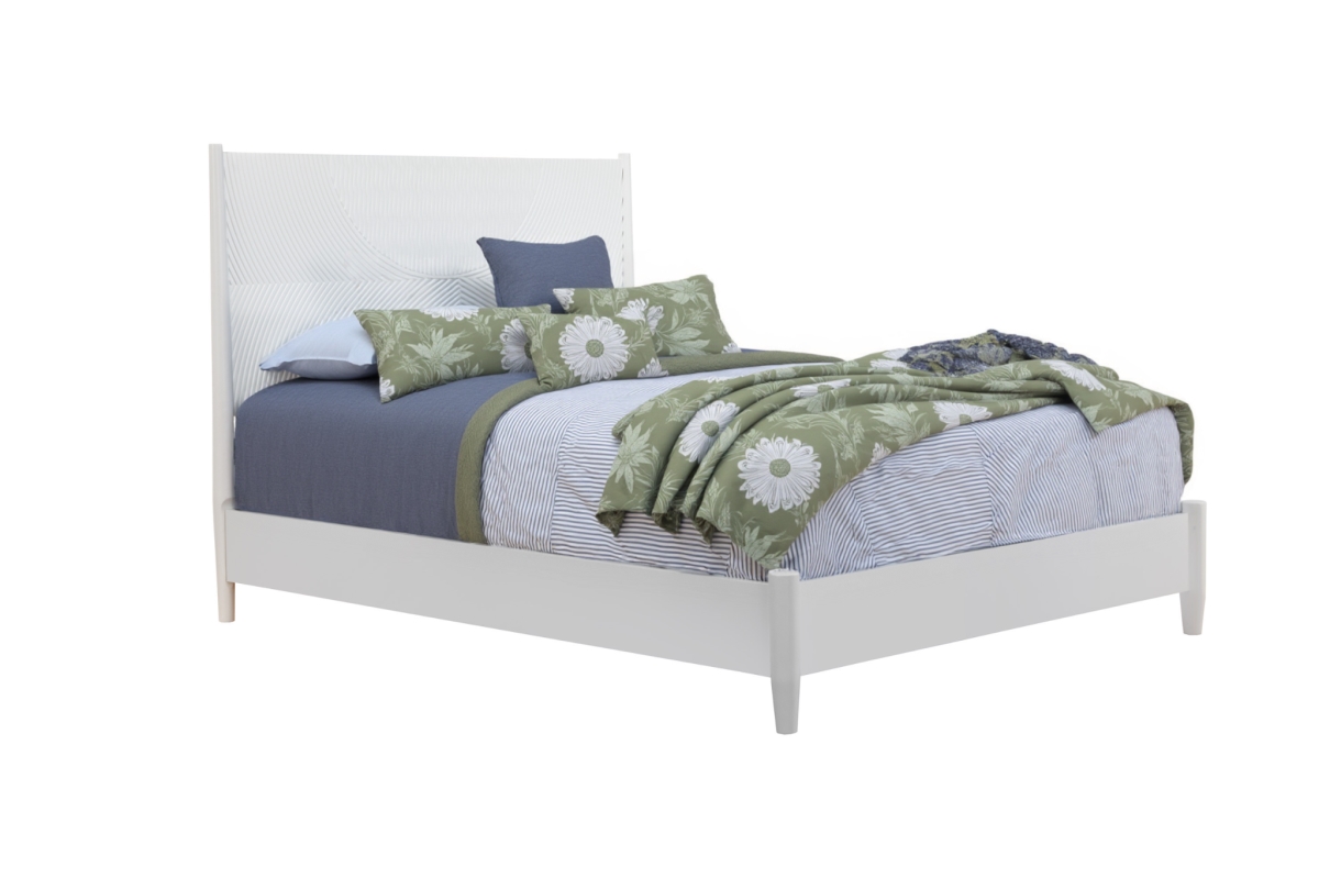 524806 White Carved Geometric Solid Wood Queen Size Bed Frame