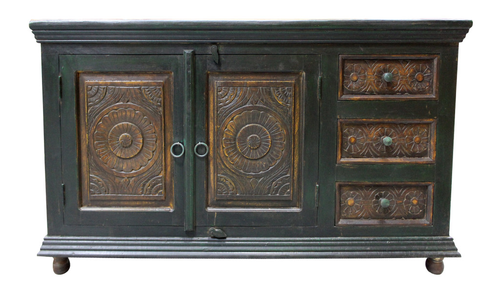 488610 60 in. Dark Brown & Green Solid Wood Three Drawer Buffet Table with Two Doors