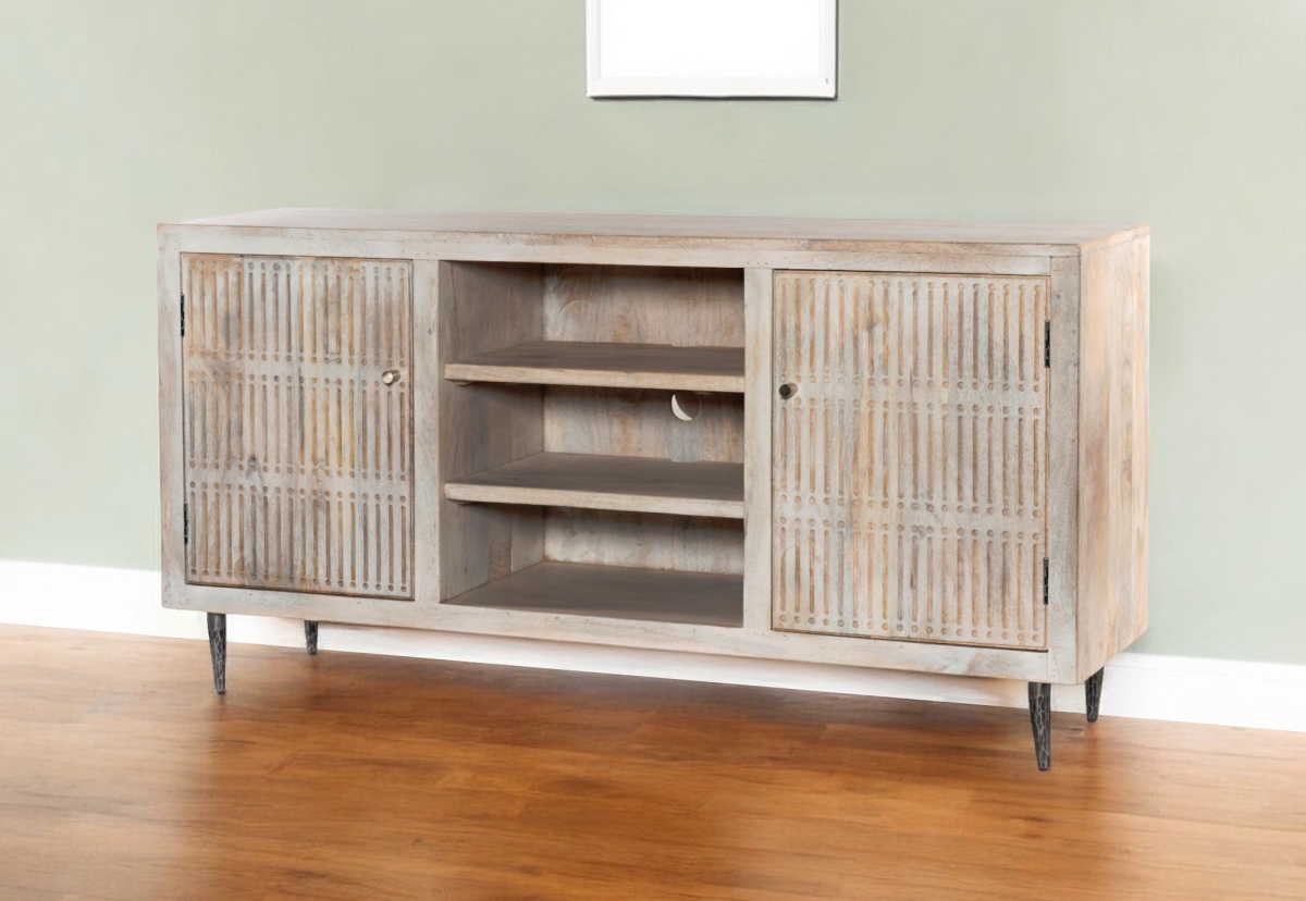 Picture of HomeRoots 489506 60 in. Ivory Carved Geometric Distressed Solid Wood Enclosed & Open Storage TV Stand
