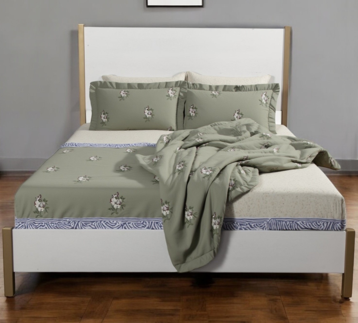 Picture of HomeRoots 524810 Natural & White Solid Wood & Upholstery California King Size Bed Frame