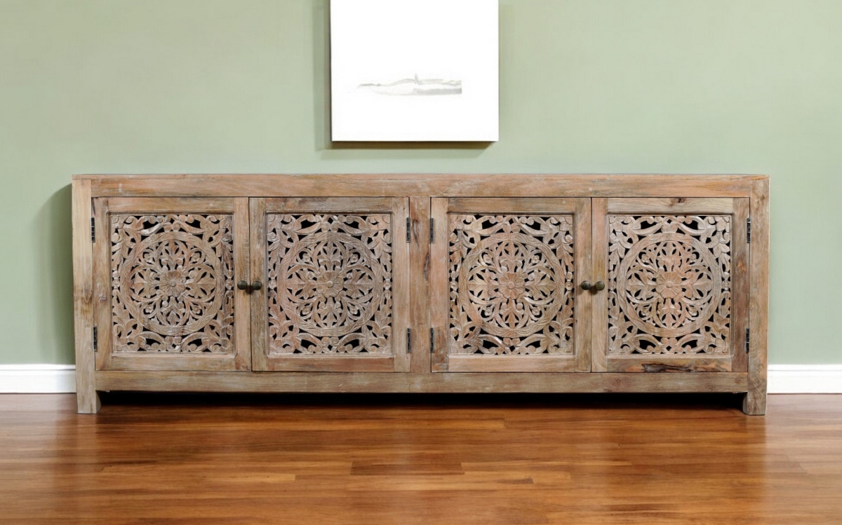 Picture of HomeRoots 489499 86 in. Natural Carved Floral Distressed Solid Wood Enclosed Storage TV Stand