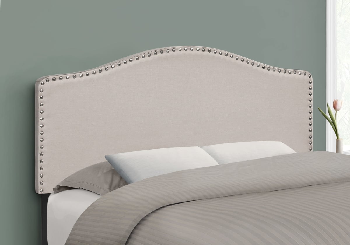 490190 Beige Linen Blend Upholstered Arched Full Headboard with Nail Head Trim