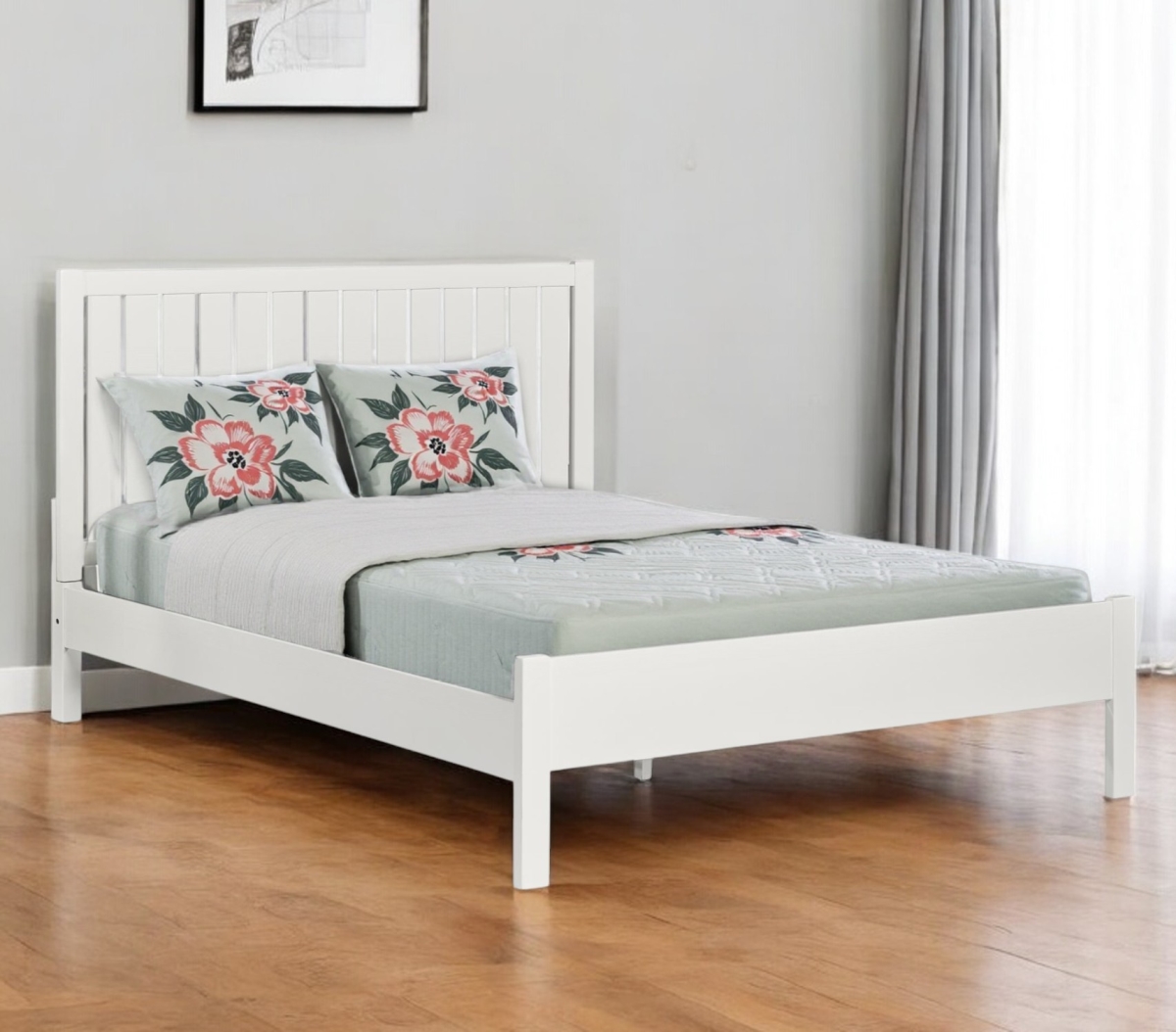 523622 Shiplap Texture Solid Wood Queen Bed Frame, White