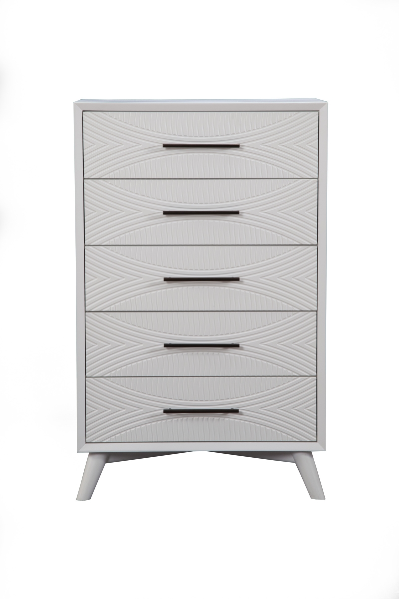 524116 34 in. White Carved Geometric Solid Wood Five Drawer Dresser