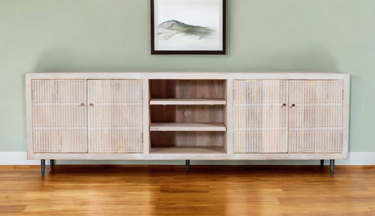 Picture of HomeRoots 489508 92 in. Ivory Carved Geometric Distressed Solid Wood Enclosed & Open Storage TV Stand