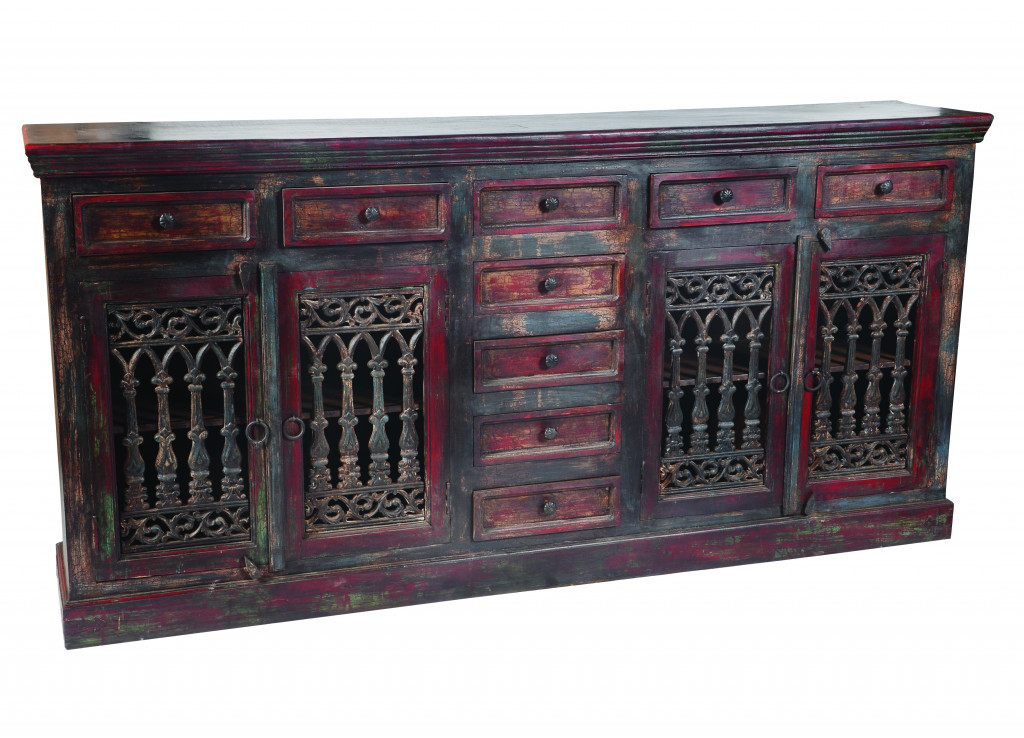 488677 90 in. Brown Solid Wood Nine Drawer Buffet Table with Four Doors