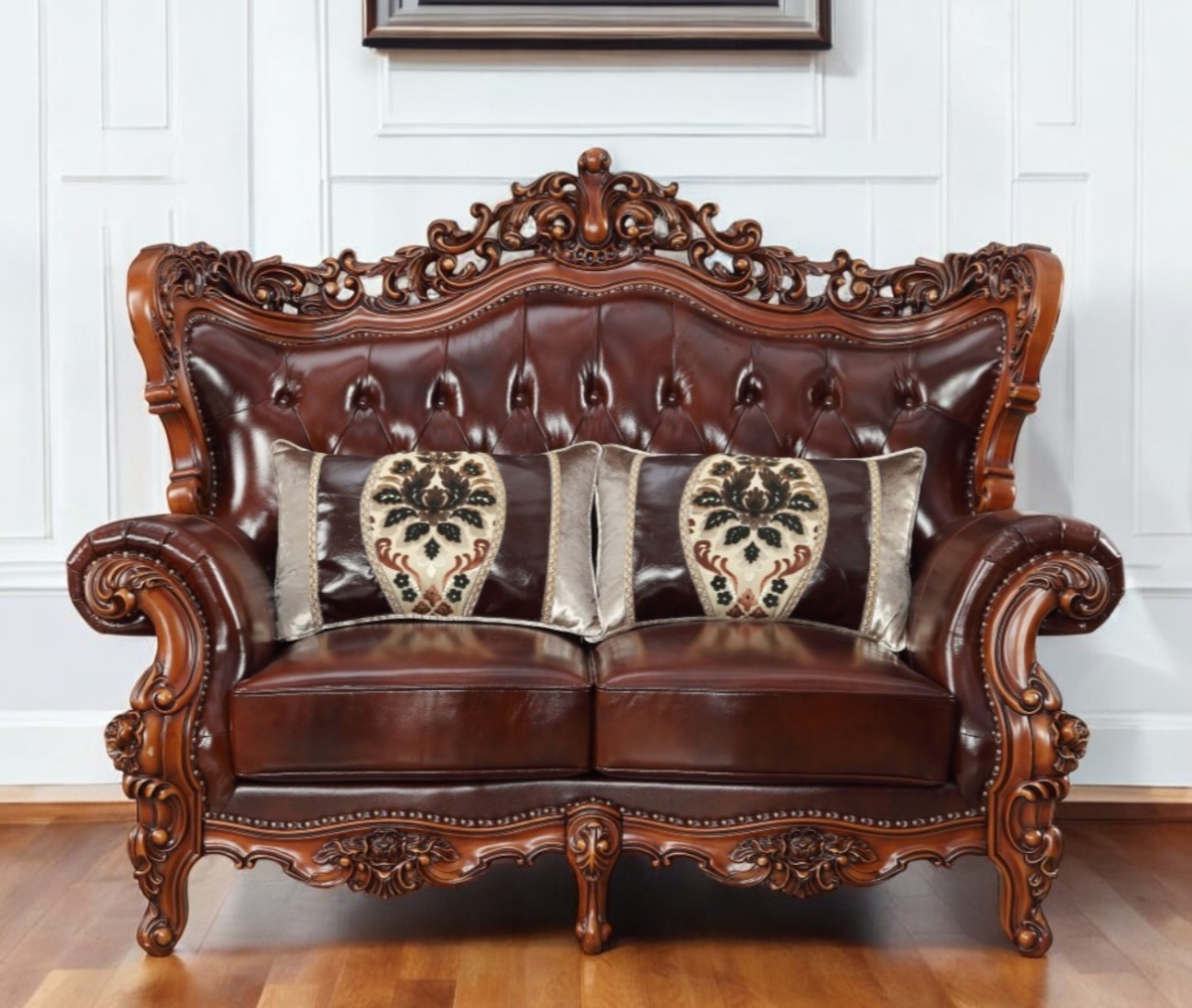 515718 69 in. Grain Leather Curved Loveseat & Toss Pillows - Brown & Walnut Top