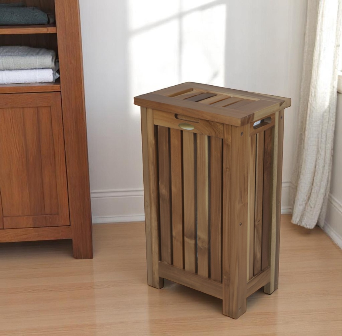 Picture of HomeRoots 383590 24 in. Brown Solid Wood Laundry Hamper with Lid