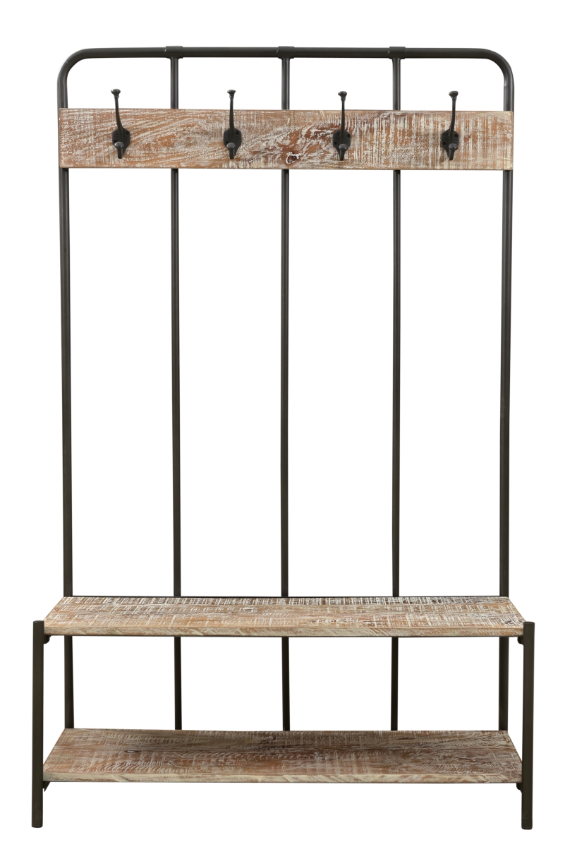 522090 71 in. Black & Brown Metal & Solid Wood Four Hooks Freestanding Coat Rack