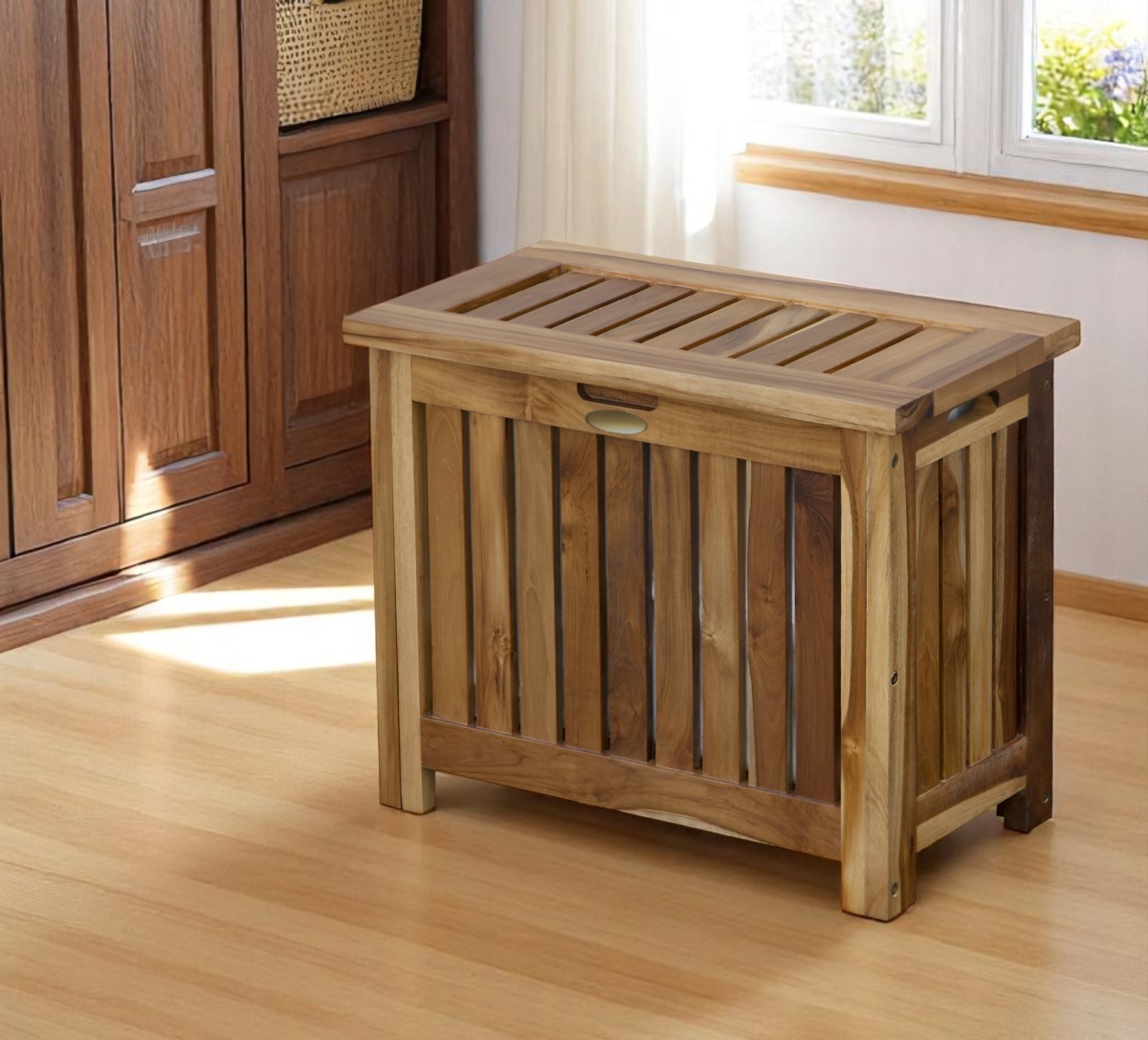 383591 23 in. Brown Solid Wood Laundry Hamper with Lid