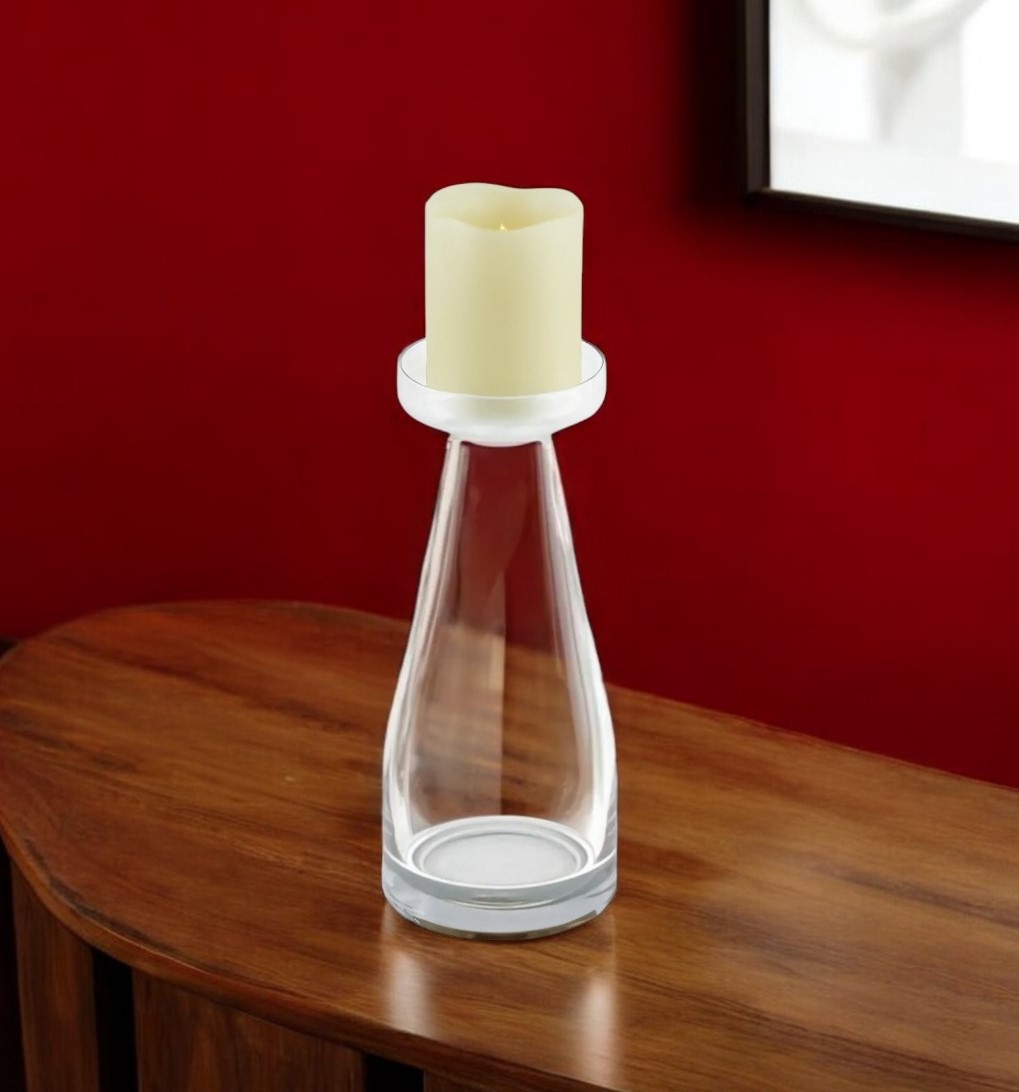 483921 11 in. Clear Glass Centerpiece Pillar Candle Holder with Candle