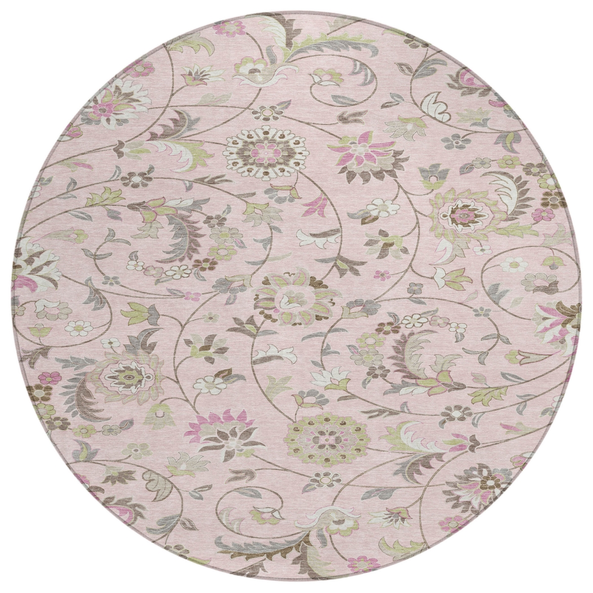 597838 8 ft. Pink, Green & Gray Round Floral Washable Indoor & Outdoor Area Rug