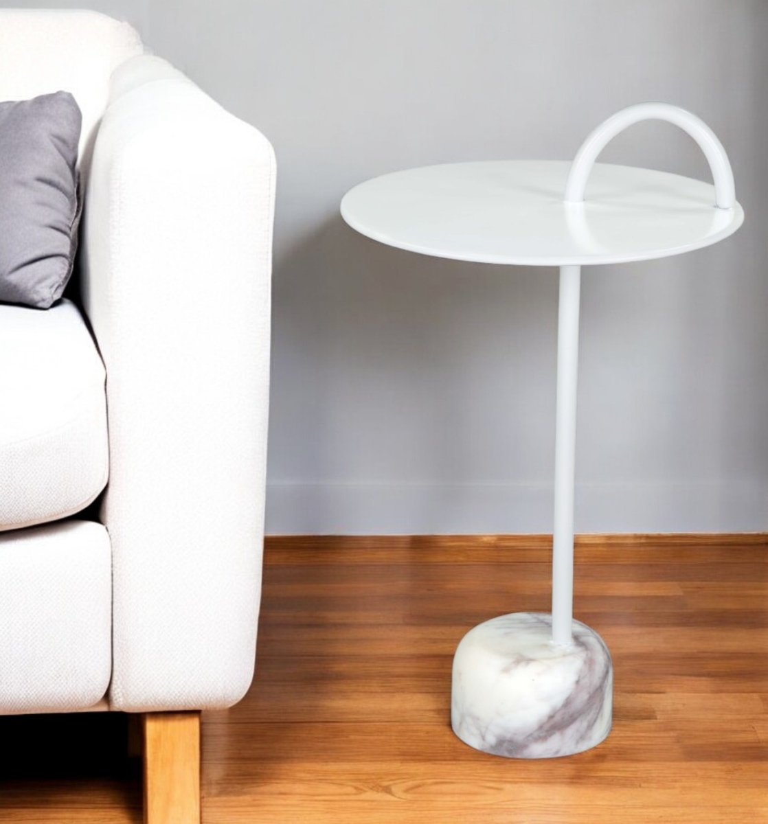 556509 25 in. White Iron & Marble Round Pedestal End Table
