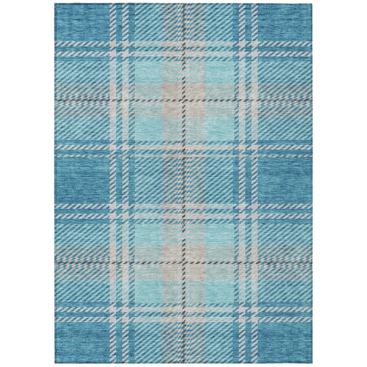 596368 10 x 14 ft. Teal Blue, Gray & Brown Plaid Washable Indoor & Outdoor Rectangle Area Rug