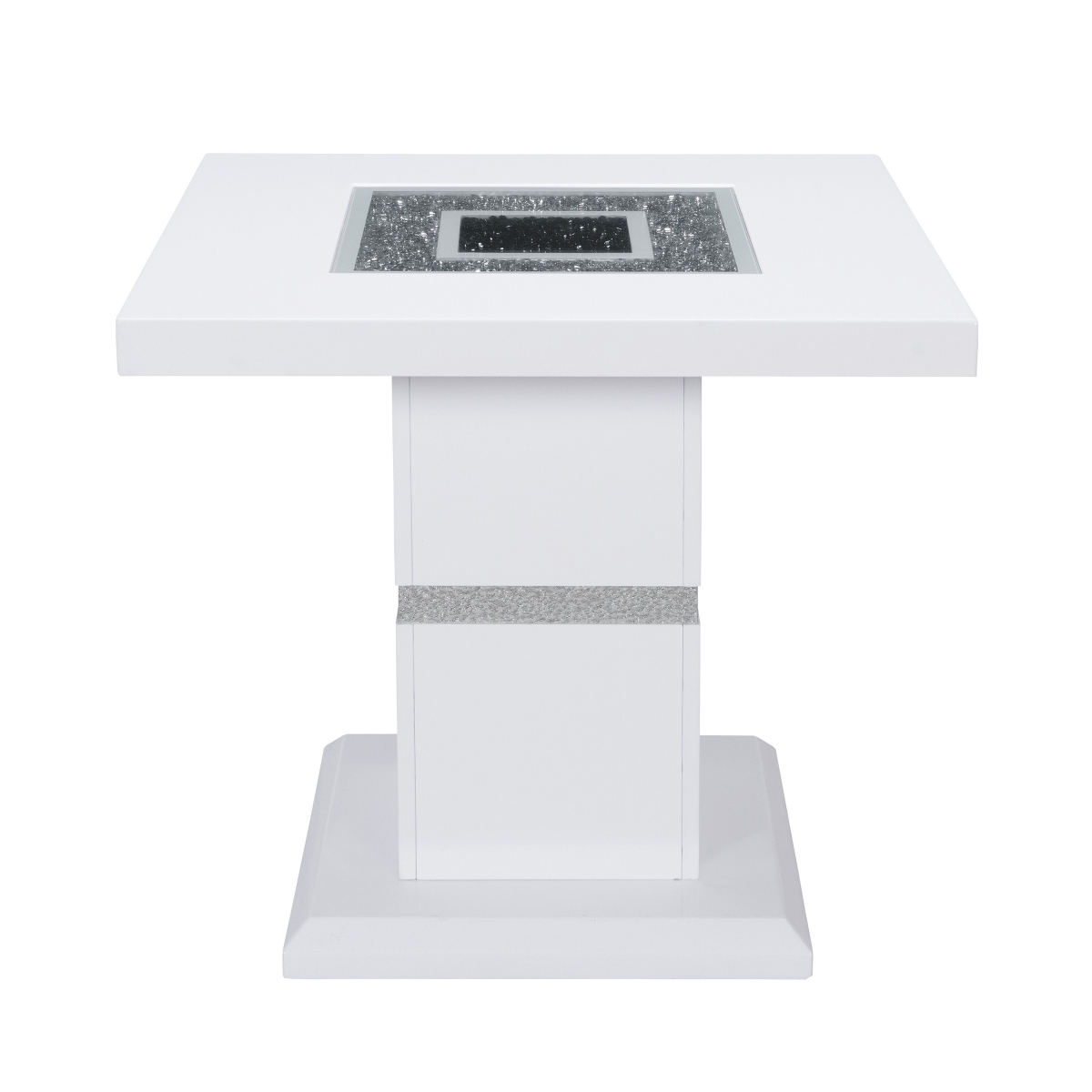 560100 24 in. White & Silver Glass & Wood Faux Crystal Bling Square Pedestal End Table