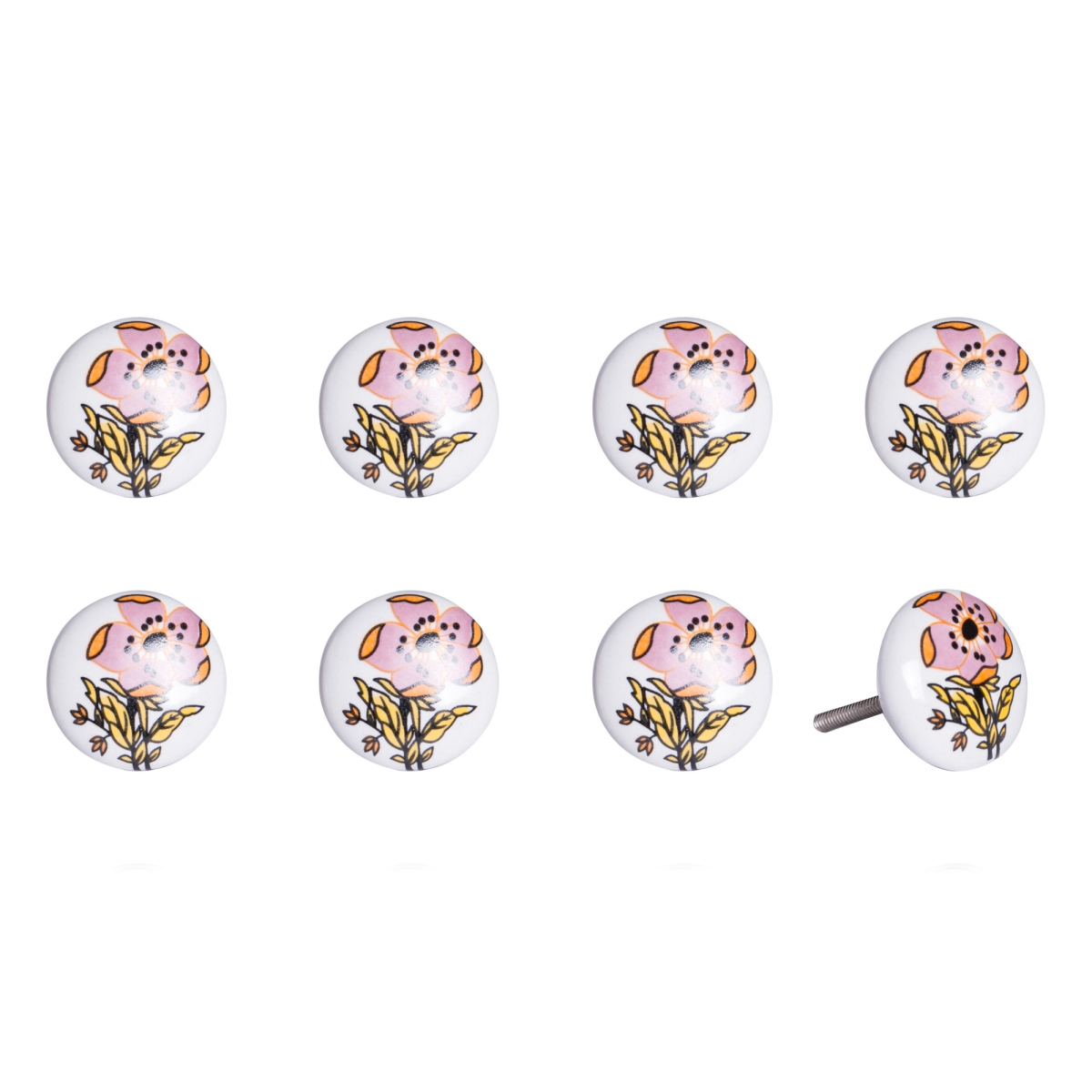 544419 Yellow & White Ceramic & Metal Drawer Pull Knobs - Set of 8