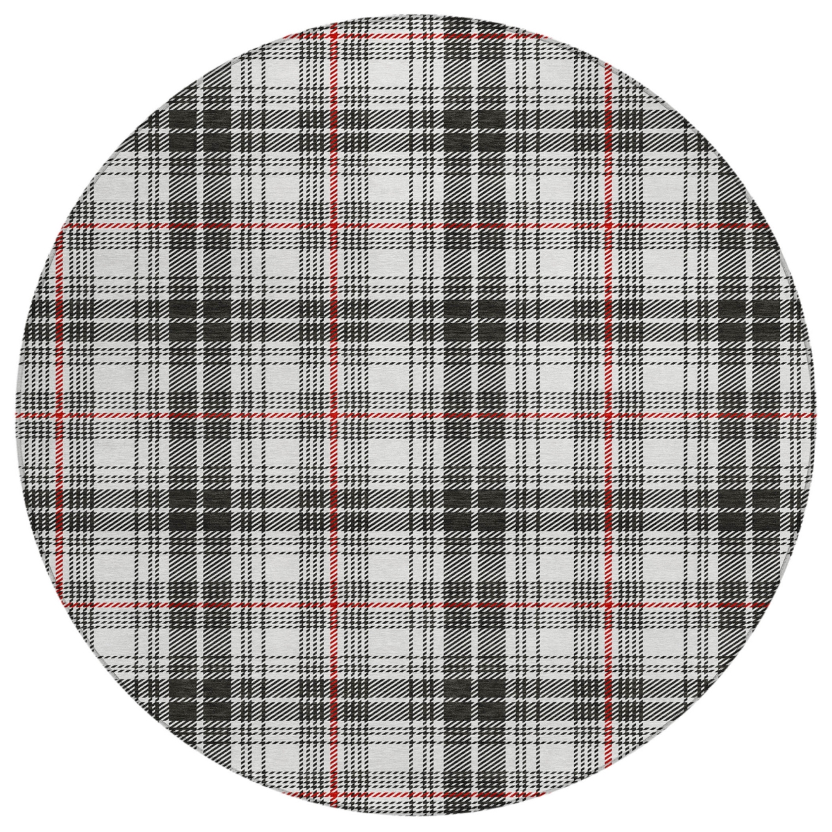 597083 8 ft. Black, Ivory & Red Round Plaid Washable Indoor & Outdoor Area Rug