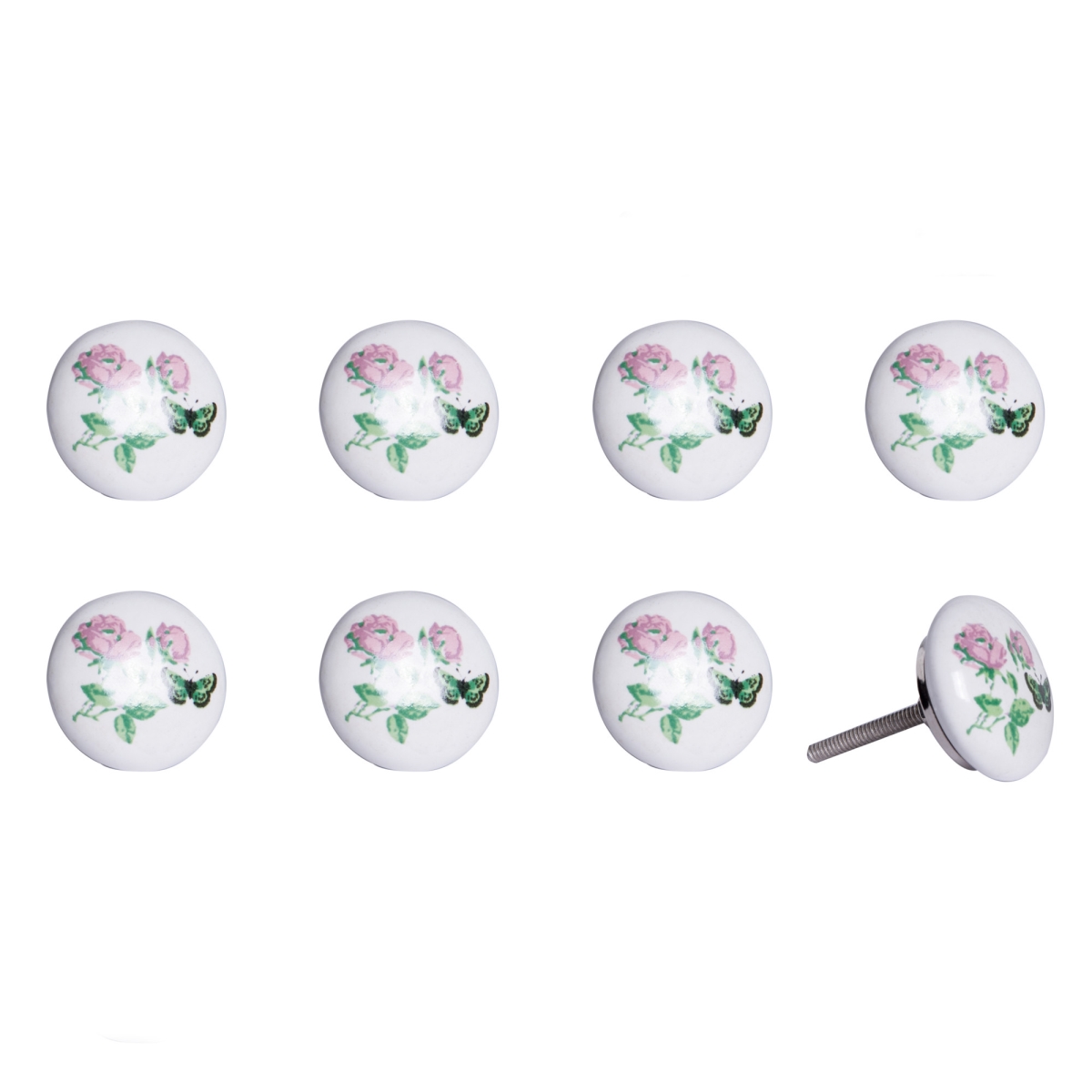 544408 Light Pink & White Ceramic & Metal Floral Drawer Pull Knobs - Set of 8
