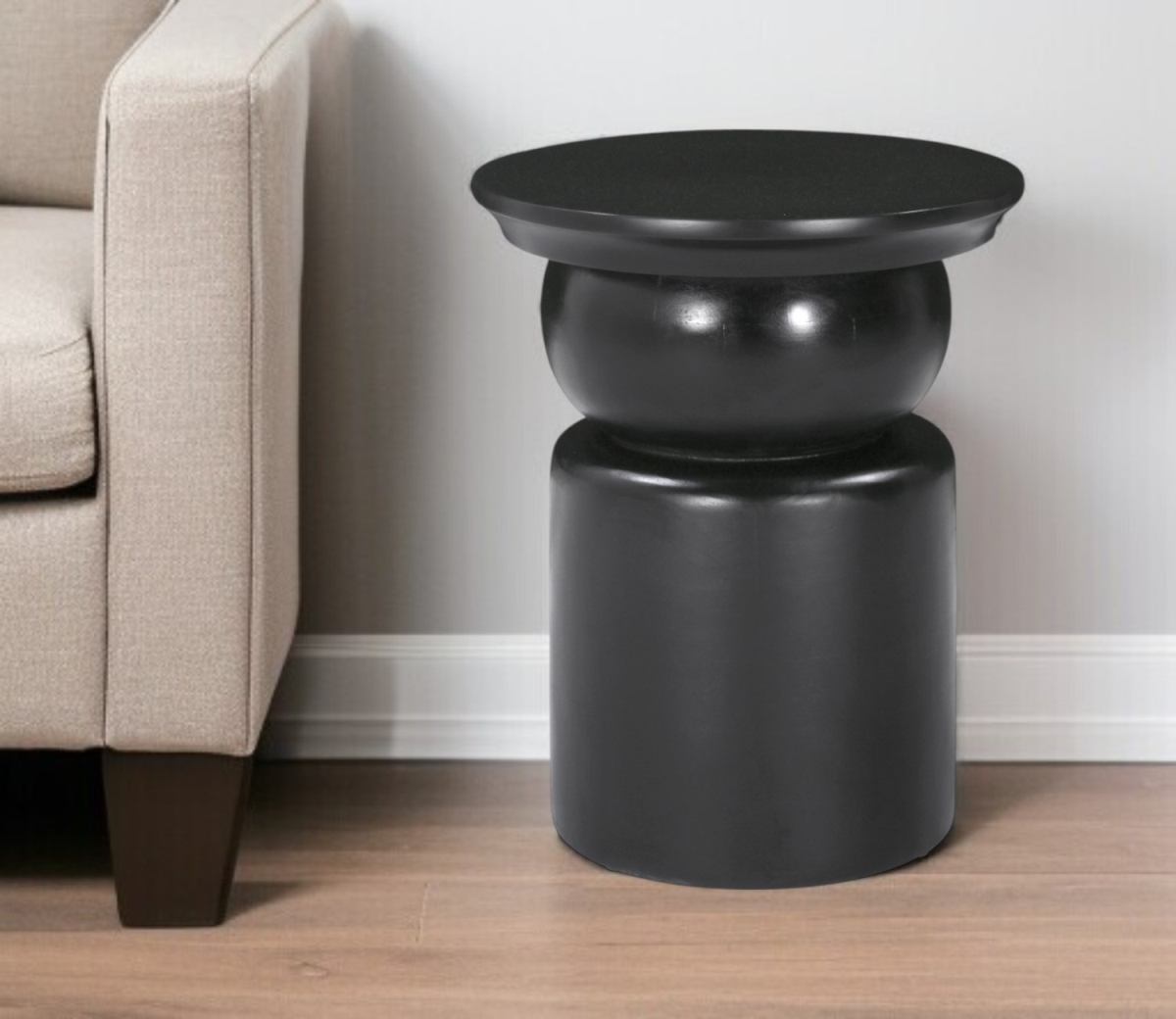 556532 20 in. Black Solid Wood Round Drum End Table