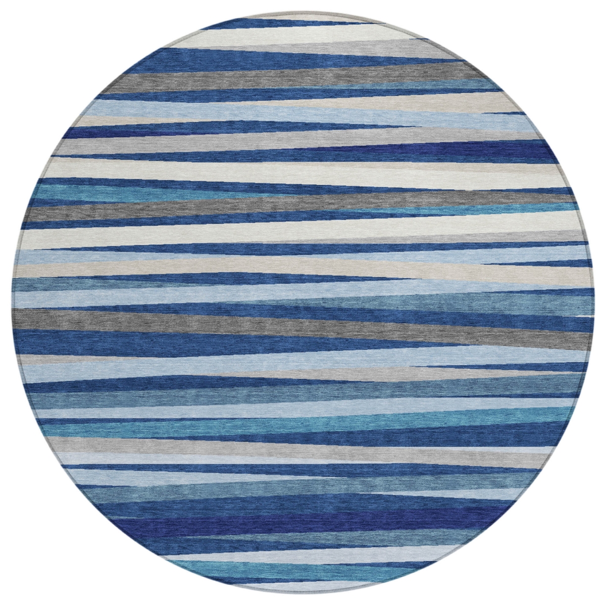 597345 8 ft. Navy Blue, Ivory & Gray Round Striped Washable Indoor & Outdoor Area Rug