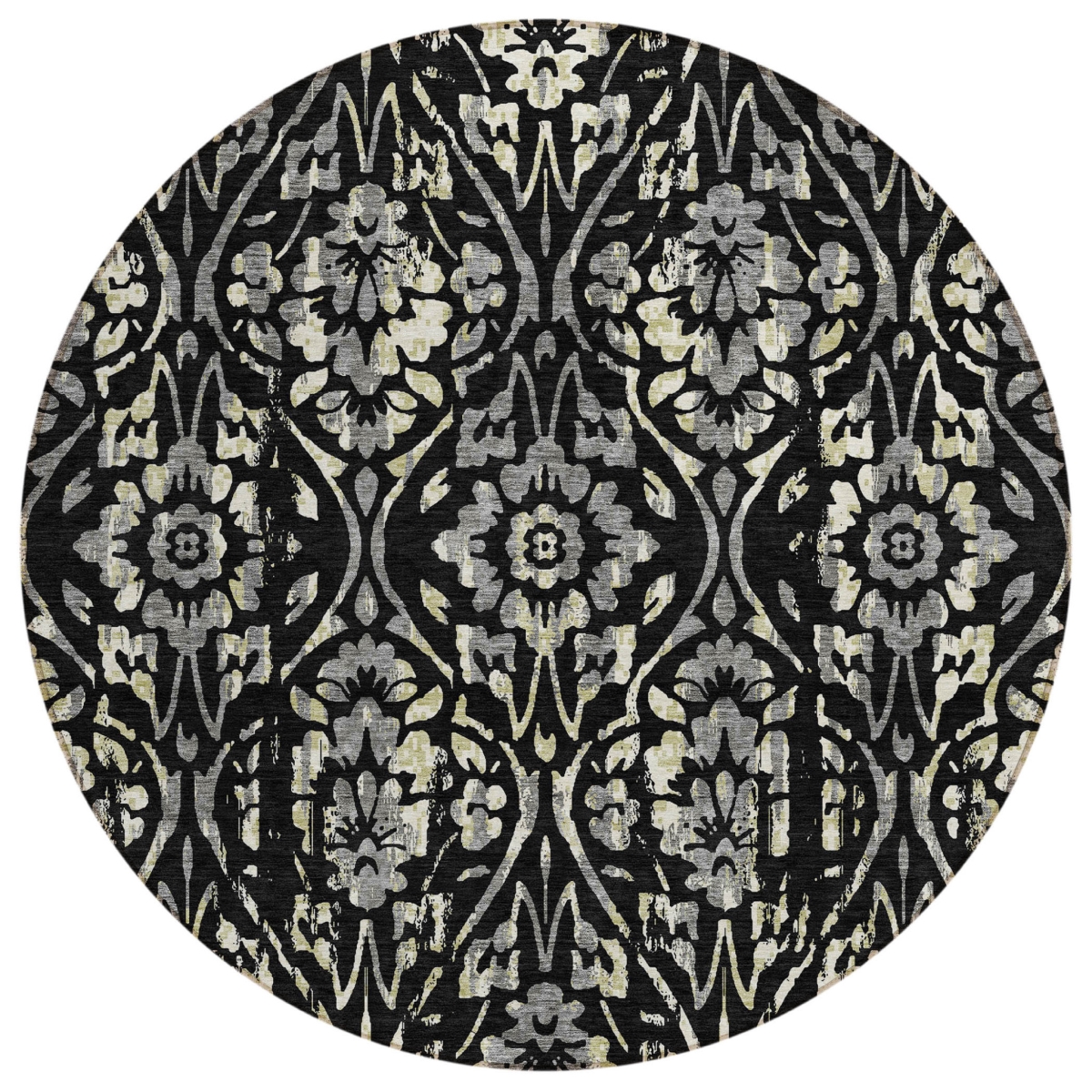 590861 8 ft. Black, Gray & Ivory Round Floral Washable Indoor & Outdoor Area Rug