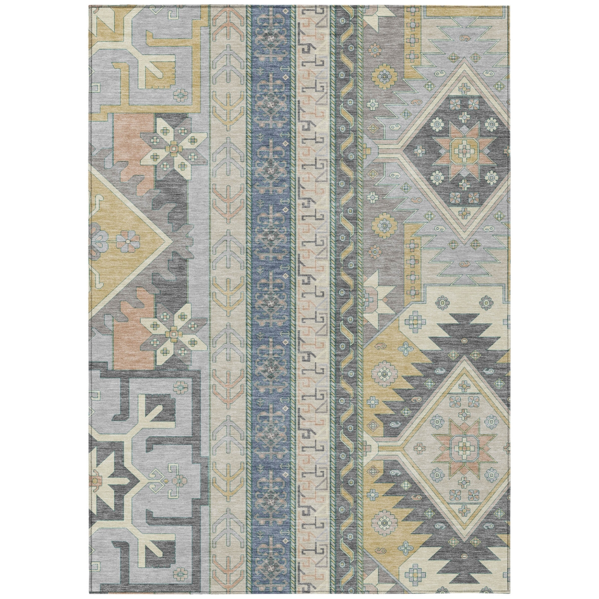 598514 3 x 5 ft. Silver, Beige & Gold Aztec Washable Indoor & Outdoor Rectangle Area Rug
