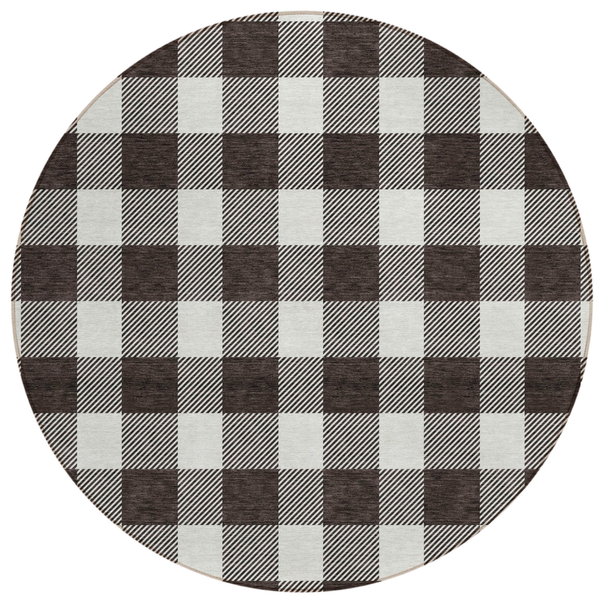 595375 8 ft. Black & Gray Round Plaid Washable Indoor & Outdoor Area Rug