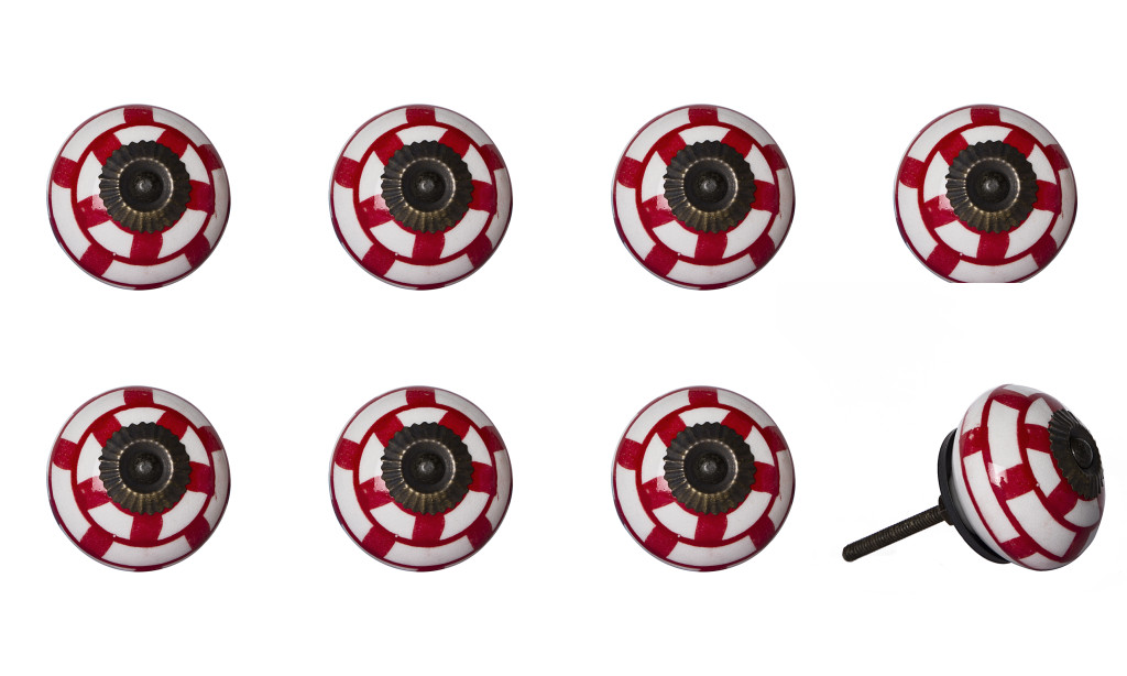 544429 White & Red Ceramic & Metal Drawer Pull Knobs - Set of 8