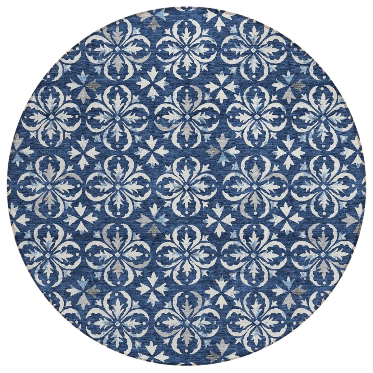 595975 8 ft. Navy Blue & Ivory Round Floral Washable Indoor & Outdoor Area Rug