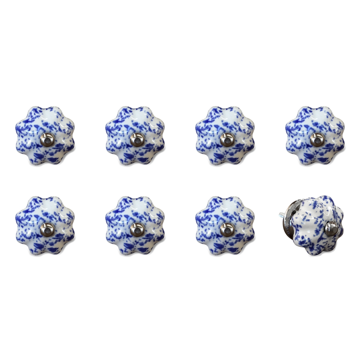 544447 Blue & White Ceramic & Metal Drawer Pull Knobs - Set of 8