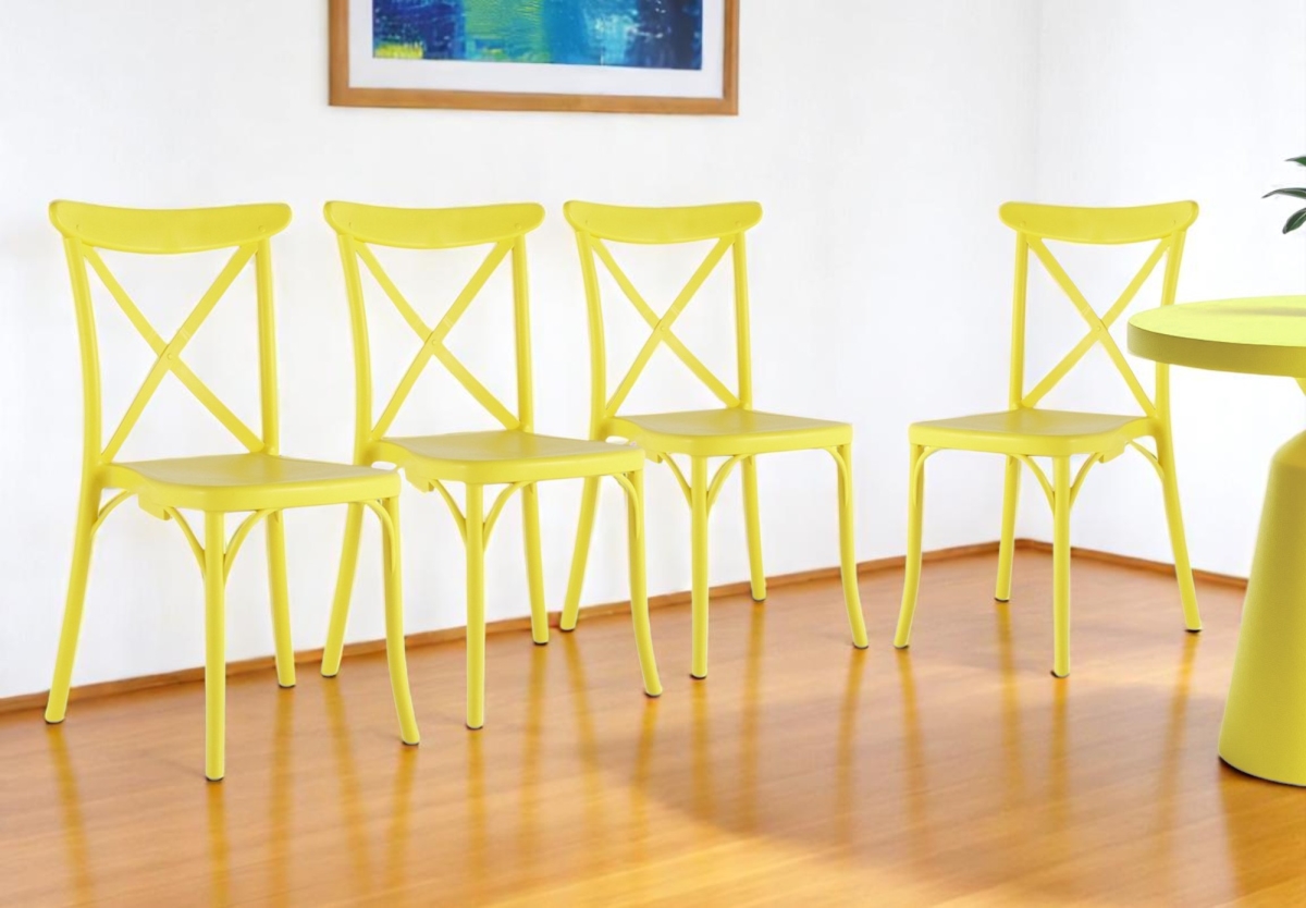 565180 Yellow Heavy Duty Plastic Cross Back Dining Side Chairs - Set of 4
