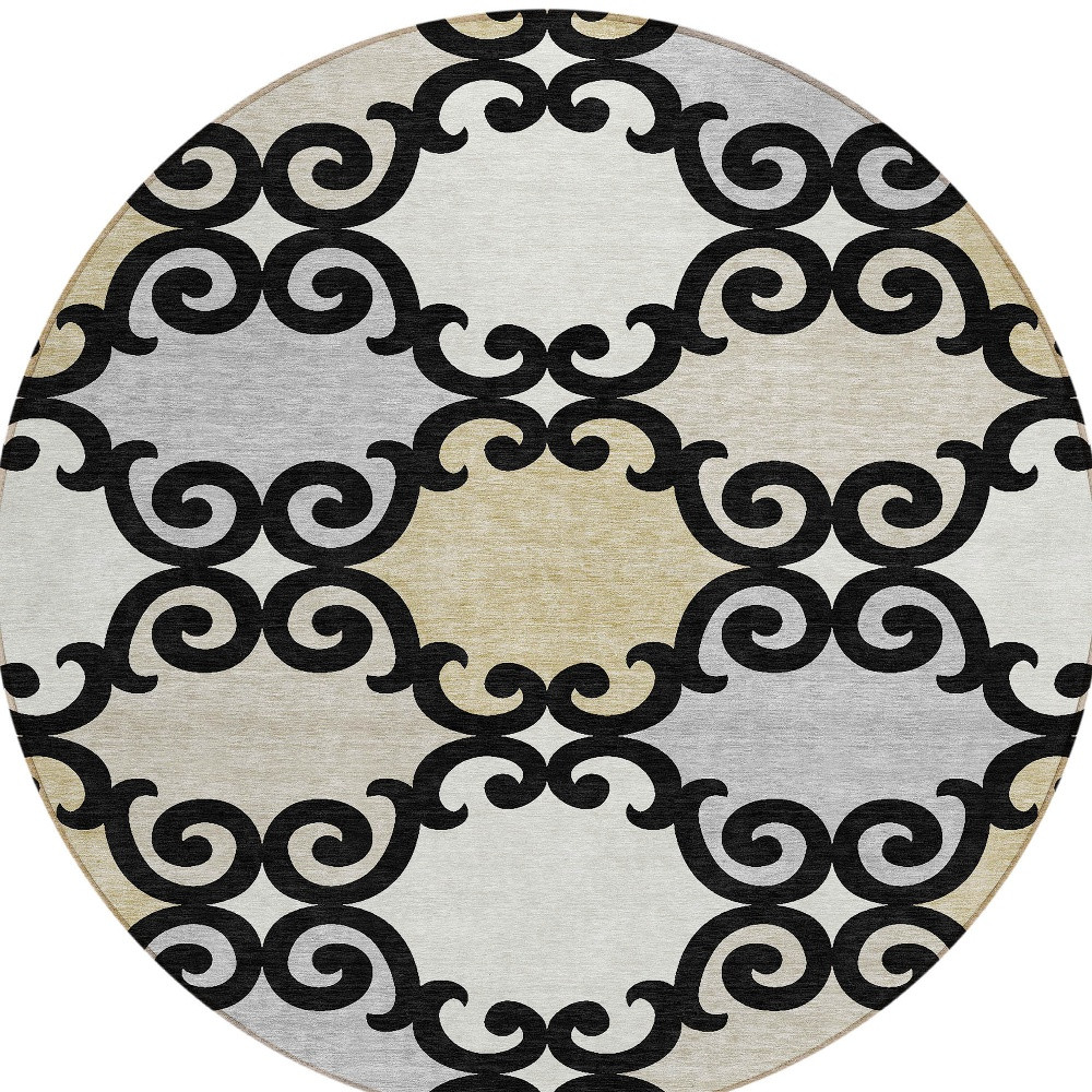 591995 8 ft. Black, Gray & Ivory Round Trellis Washable Indoor & Outdoor Area Rug