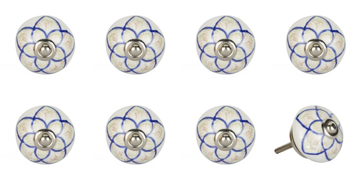 544441 Blue & Cream Ceramic & Metal Drawer Pull Knobs - Set of 8