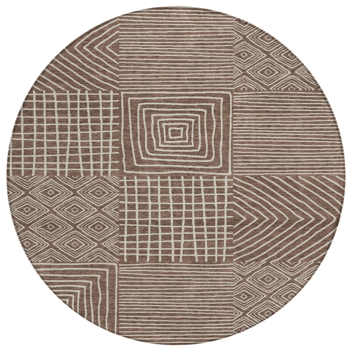 600728 8 ft. Brown & Ivory Round Geometric Washable Indoor & Outdoor Area Rug