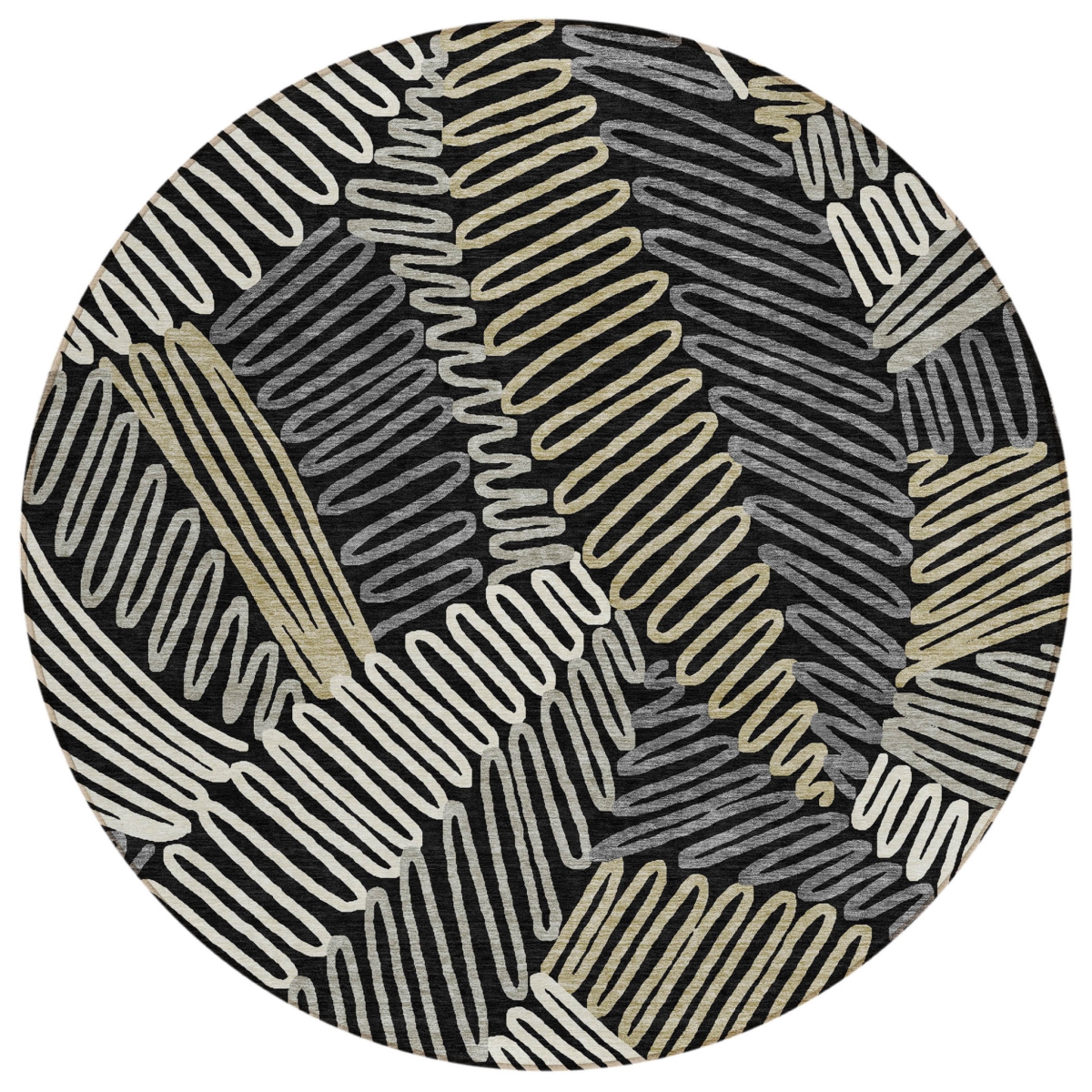 593922 8 ft. Black, Gray & Ivory Round Floral Washable Indoor & Outdoor Area Rug